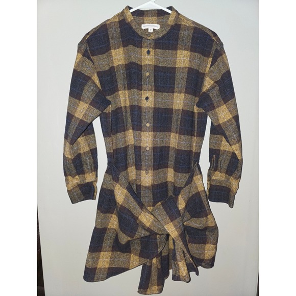 Banana Republic Dresses & Skirts - Banana Republic Women Plaid Flannel Shirt Dress Gold Navy Brown Herringbone M